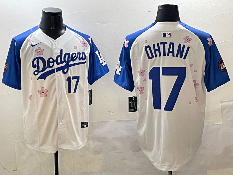 Men Los Angeles Dodgers #17 Ohtani White Blue Sakura Edition 2025 Nike MLB Jersey style 8